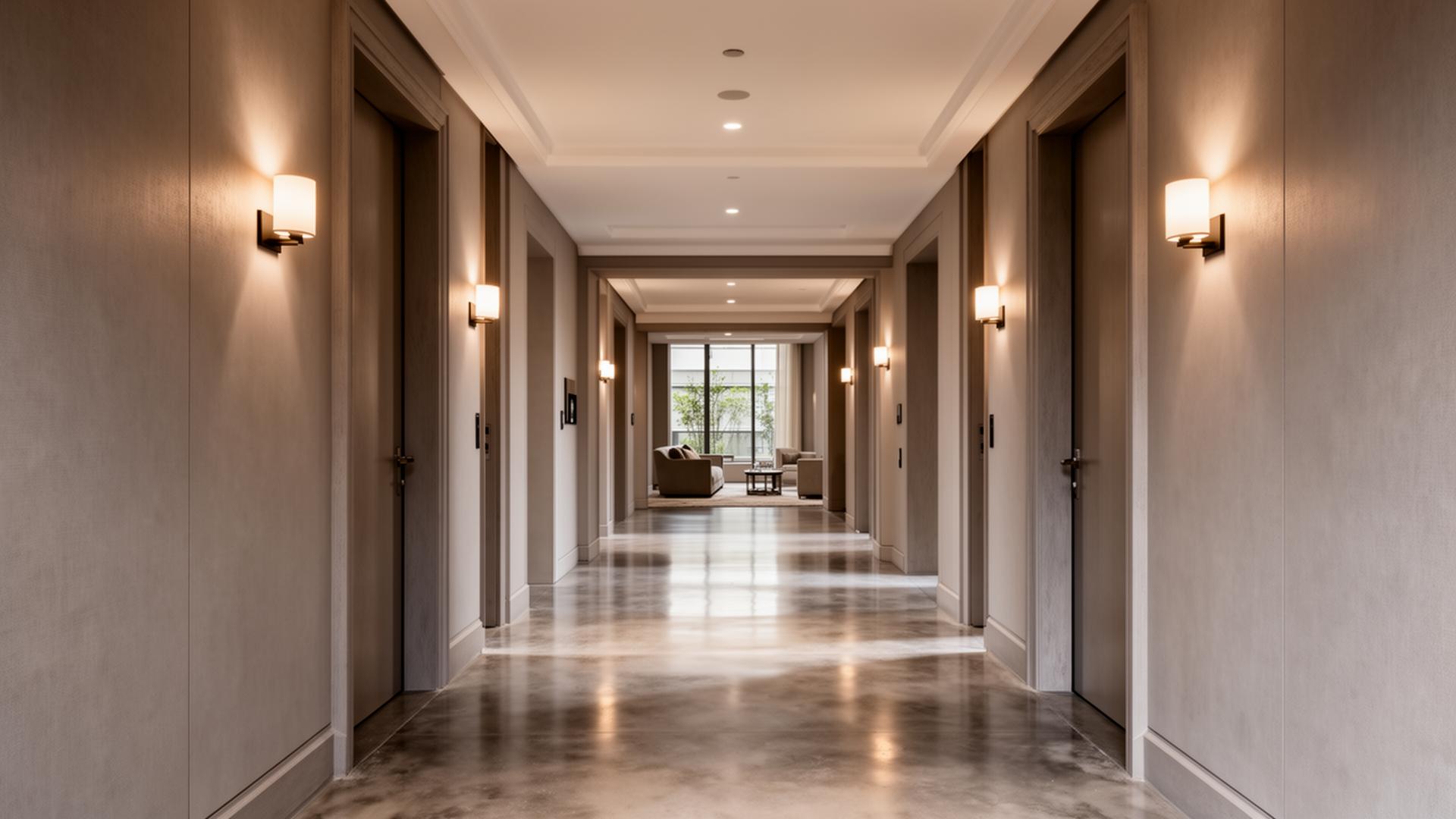 Spacious residential common area with refined finishes